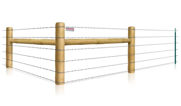 Barbed wire T-post fence with H-brace for farms in the Mobile Alabama area.