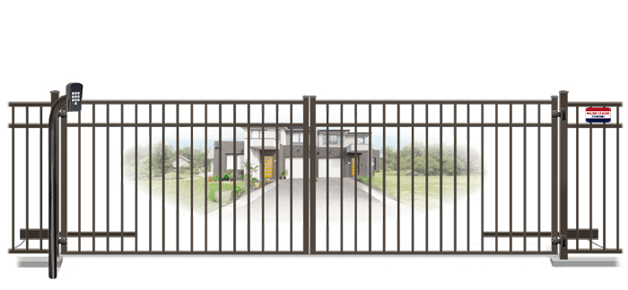 Metal swinging estate gate in closed position