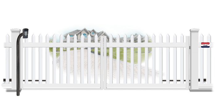 Vinyl swinging estate gate in closed position