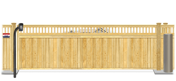 Wood sliding estate gate in closed position