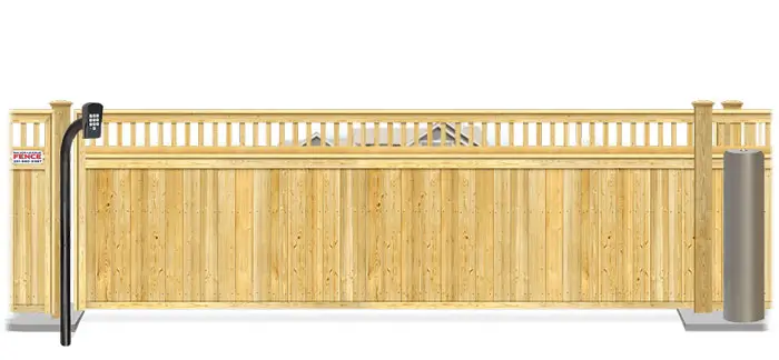 Wood sliding estate gate in closed position