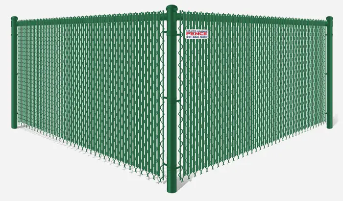 Green chain link fence with green privacy slats in Mobile Alabama